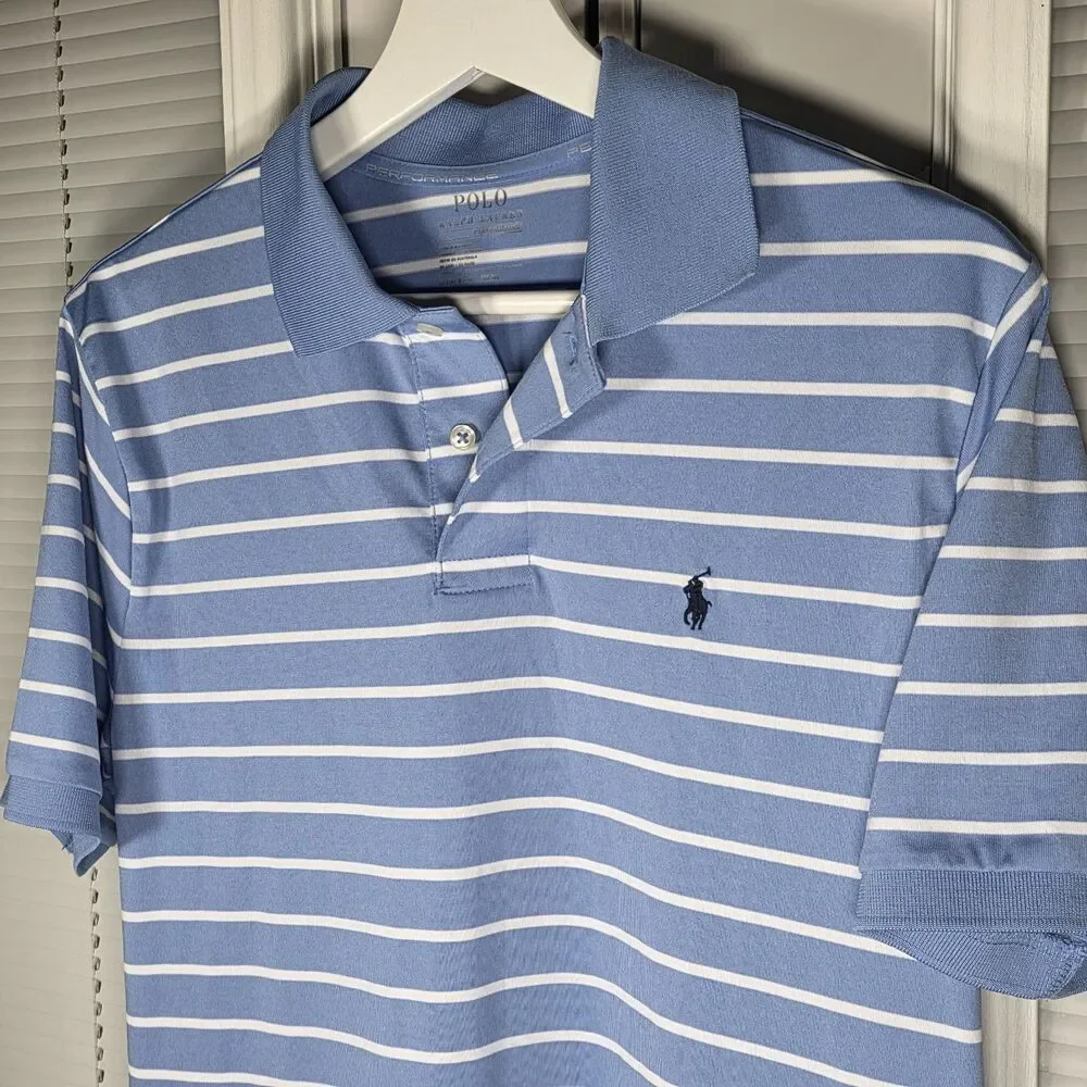 Ralph Lauren Boys Large Performance Polo Blue White Striped